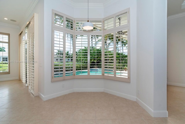 unfurnished room with baseboards, ornamental molding, recessed lighting, and tile patterned flooring