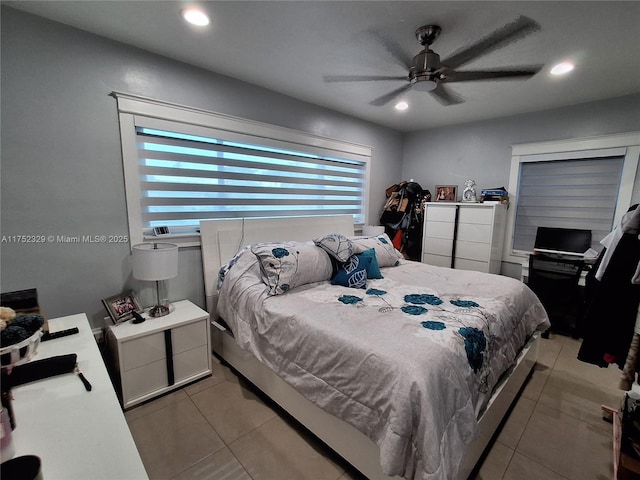 bedroom featuring light tile patterned floors, ceiling fan, and recessed lighting