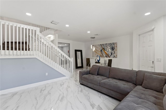 living room featuring baseboards, visible vents, stairway, marble finish floor, and recessed lighting