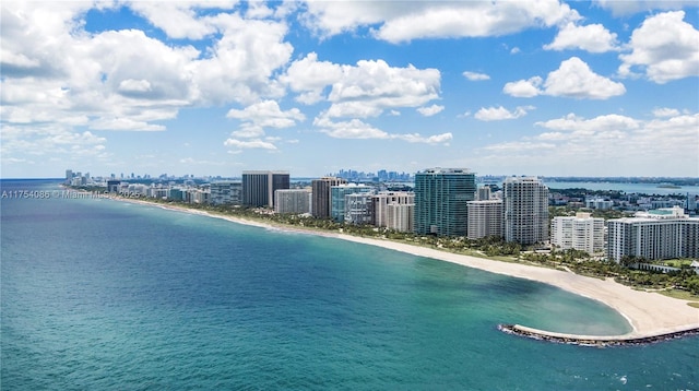 birds eye view of property featuring a water view and a city view