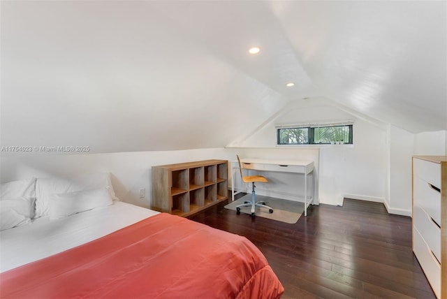 bedroom with lofted ceiling, hardwood / wood-style floors, and recessed lighting