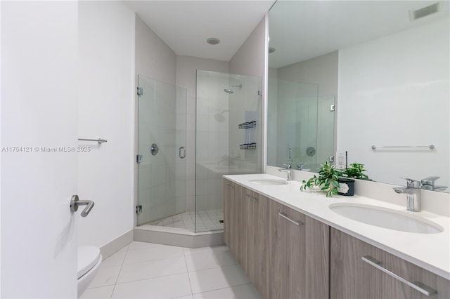 bathroom with a stall shower, visible vents, a sink, and tile patterned floors