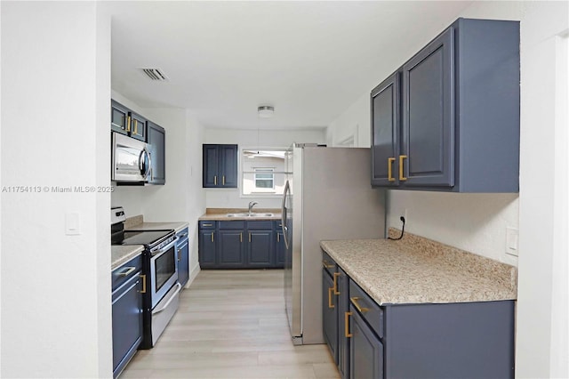 kitchen with a sink, visible vents, light countertops, appliances with stainless steel finishes, and light wood finished floors