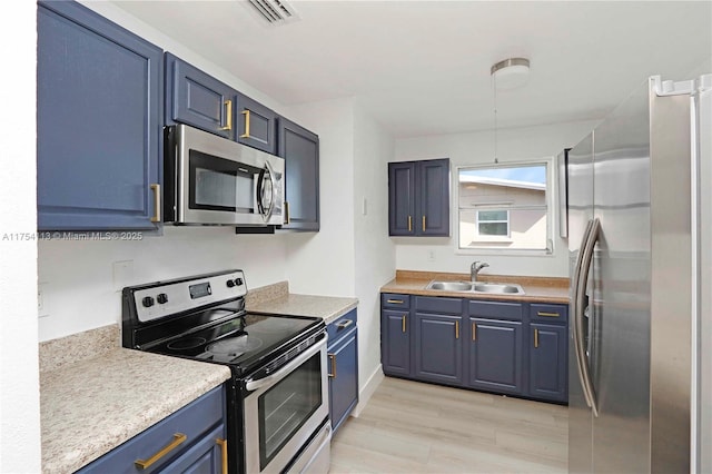 kitchen with visible vents, blue cabinets, stainless steel appliances, light countertops, and a sink