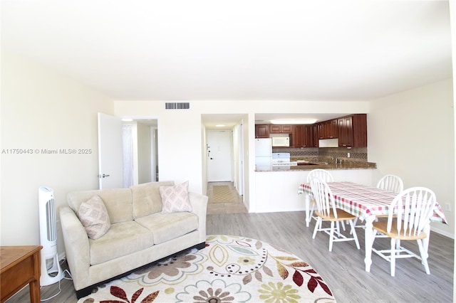 living room featuring light wood-style floors and visible vents