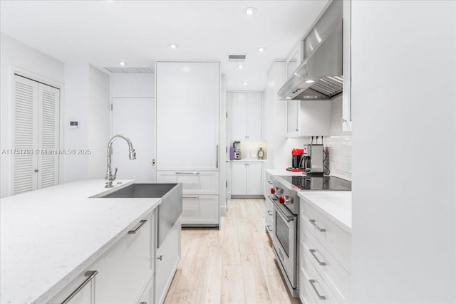 kitchen with visible vents, white cabinets, a sink, wall chimney range hood, and high end stove