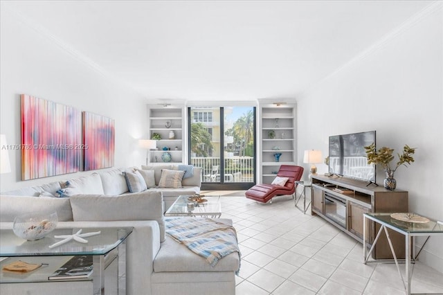 living area featuring light tile patterned floors, floor to ceiling windows, and crown molding