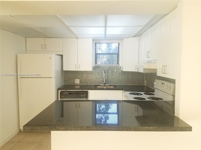 kitchen featuring white appliances, decorative backsplash, a sink, and under cabinet range hood