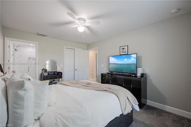 carpeted bedroom with baseboards, visible vents, ceiling fan, and connected bathroom