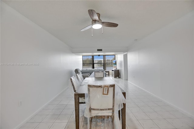 dining room featuring a ceiling fan, visible vents, baseboards, and light tile patterned floors