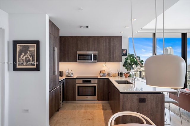 kitchen with dark brown cabinets, appliances with stainless steel finishes, modern cabinets, and a sink