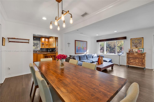 dining space with visible vents, recessed lighting, and dark wood-style flooring