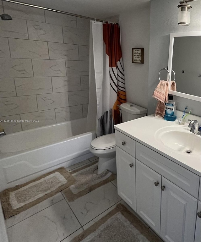 bathroom featuring toilet, marble finish floor, shower / bath combo with shower curtain, and vanity