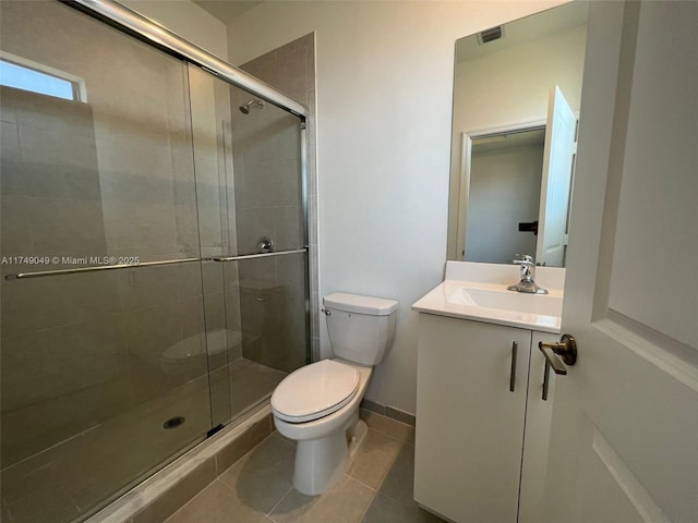 bathroom featuring vanity, tile patterned flooring, a shower stall, and toilet