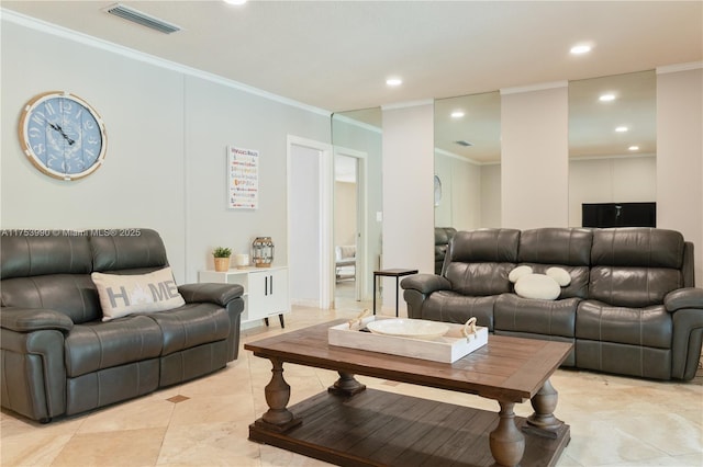 living area featuring recessed lighting, visible vents, crown molding, and light tile patterned floors