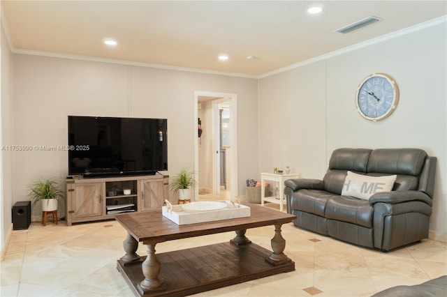 living room featuring visible vents, crown molding, and recessed lighting