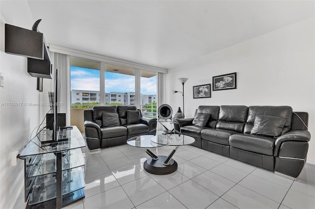 tiled living area featuring expansive windows and a city view