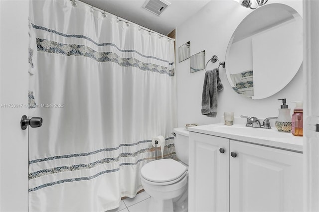 bathroom featuring curtained shower, tile patterned flooring, toilet, vanity, and visible vents