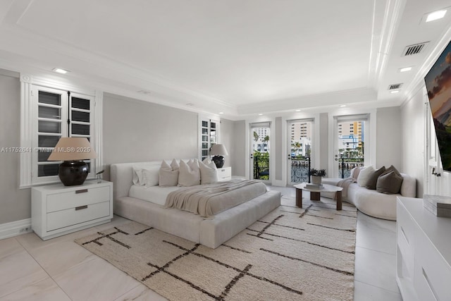 bedroom with access to exterior, a raised ceiling, visible vents, and crown molding