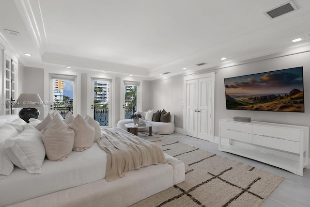 bedroom featuring a tray ceiling, crown molding, recessed lighting, visible vents, and access to outside