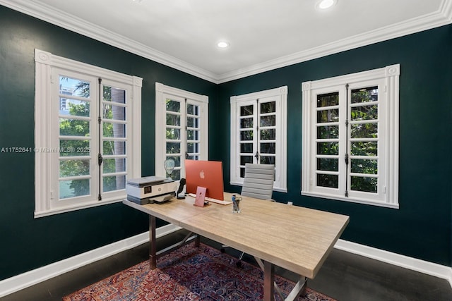 office area featuring ornamental molding, recessed lighting, baseboards, and wood finished floors