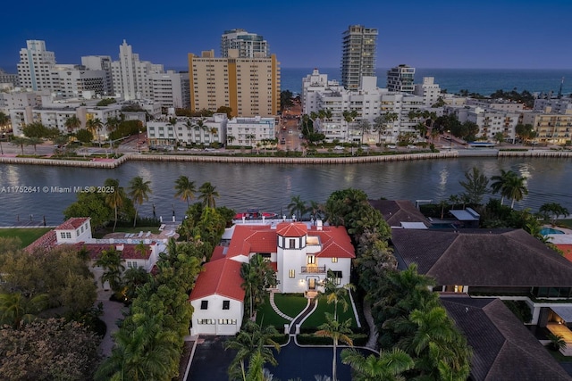 bird's eye view featuring a water view and a view of city