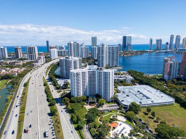 aerial view with a water view and a view of city