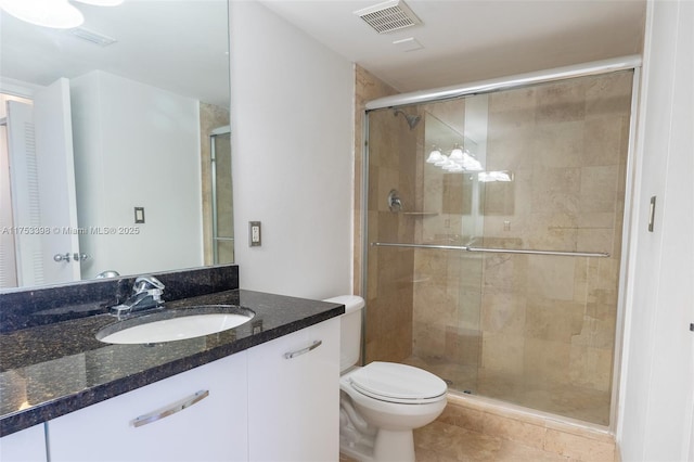 full bath featuring toilet, a shower stall, visible vents, and vanity