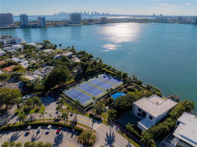 drone / aerial view with a water view and a city view