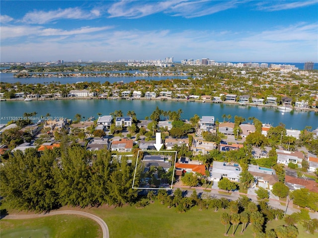 aerial view with a view of city and a water view