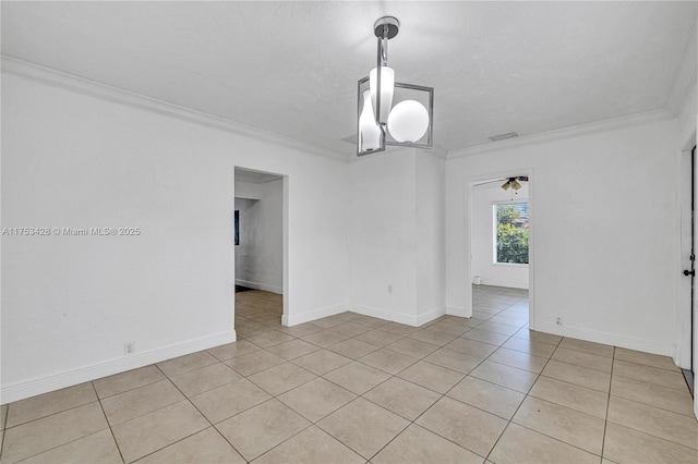 unfurnished room featuring light tile patterned flooring, crown molding, visible vents, and baseboards