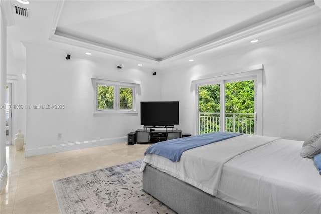 6 Coconut Ln, Key Biscayne, FL 33149 - bedroom with a tray ceiling, multiple windows, visible vents, and recessed lighting