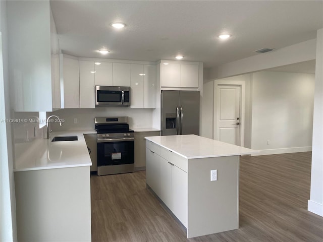 kitchen featuring white cabinets, modern cabinets, wood finished floors, stainless steel appliances, and a sink