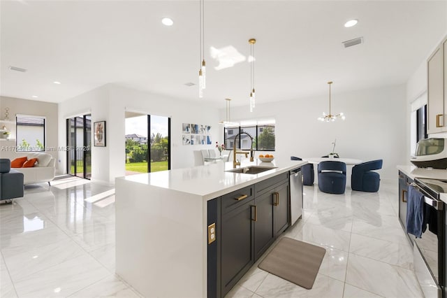 kitchen featuring dishwasher, marble finish floor, and a sink