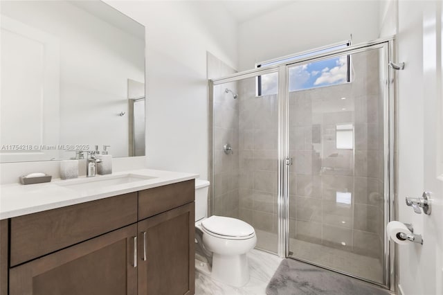 full bathroom featuring toilet, a shower stall, and vanity