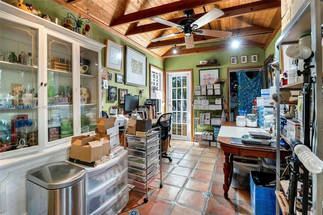 sunroom / solarium with lofted ceiling with beams, wooden ceiling, and ceiling fan