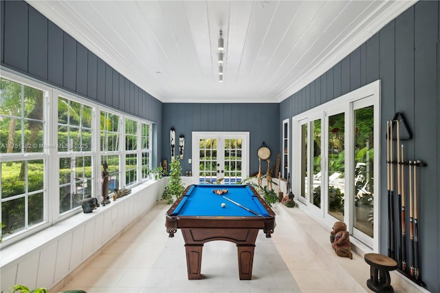 recreation room with ornamental molding, pool table, and french doors