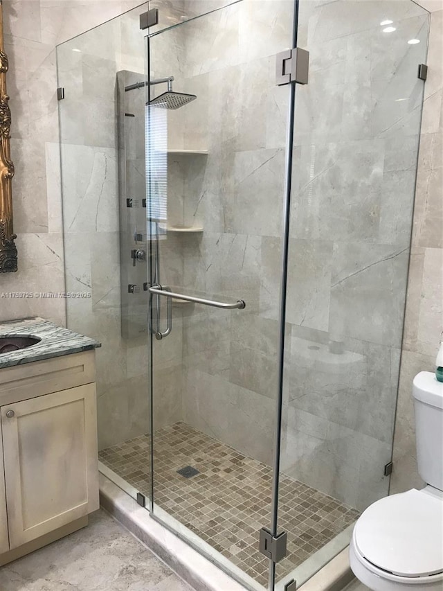 full bathroom with toilet, a stall shower, tile walls, and vanity