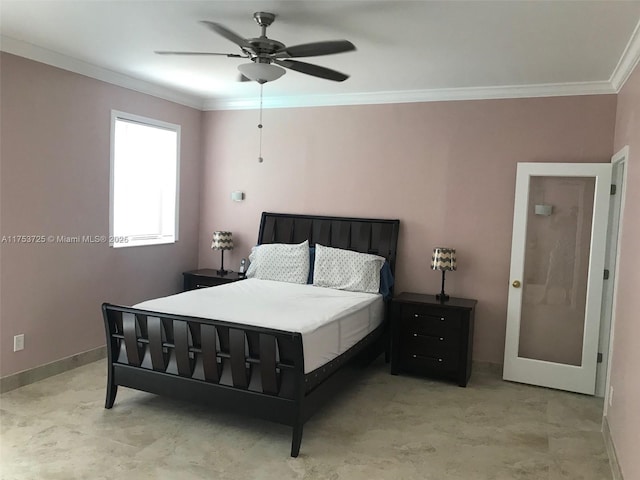 bedroom featuring baseboards, a ceiling fan, and crown molding