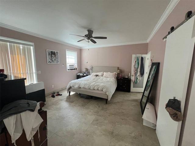 bedroom with baseboards, a barn door, ceiling fan, and crown molding