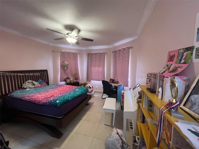 bedroom featuring light tile patterned floors, ceiling fan, and crown molding