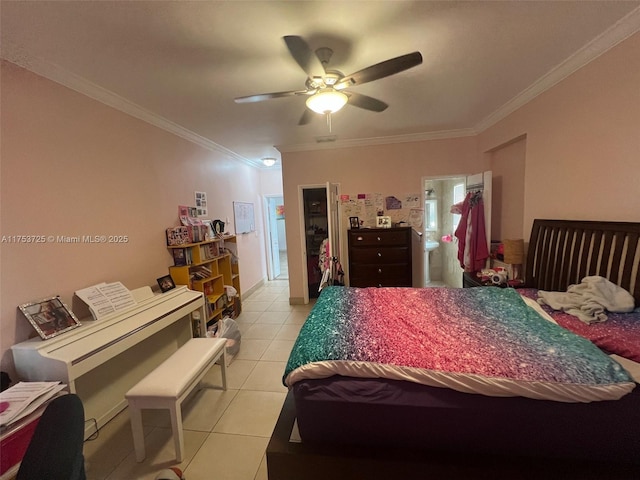 bedroom with ornamental molding, light tile patterned flooring, and ceiling fan