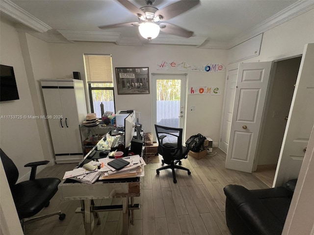 office area with wood finished floors, a ceiling fan, and crown molding