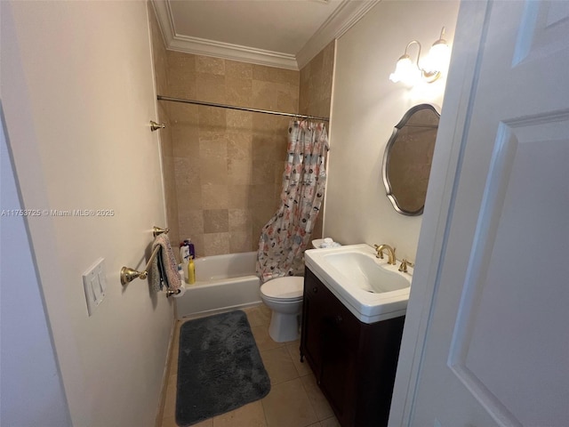 bathroom featuring shower / bath combo with shower curtain, toilet, ornamental molding, tile patterned floors, and vanity