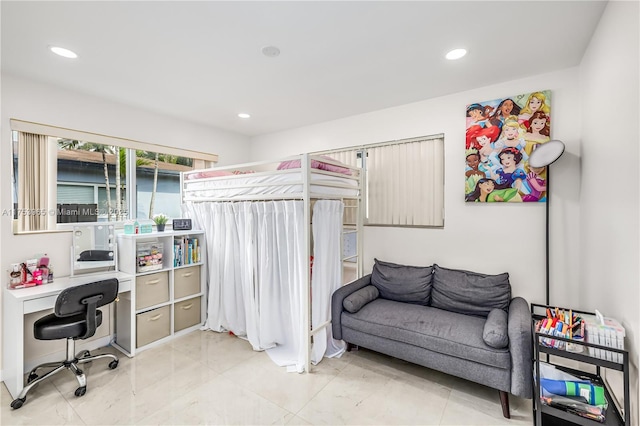 bedroom featuring recessed lighting and light tile patterned flooring