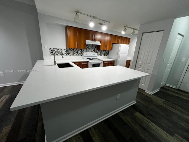 kitchen with under cabinet range hood, a peninsula, white appliances, a sink, and decorative backsplash