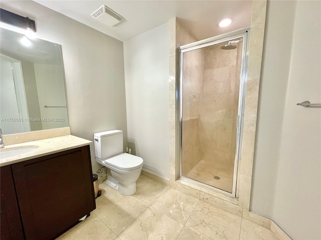 full bathroom with visible vents, a shower stall, baseboards, toilet, and vanity