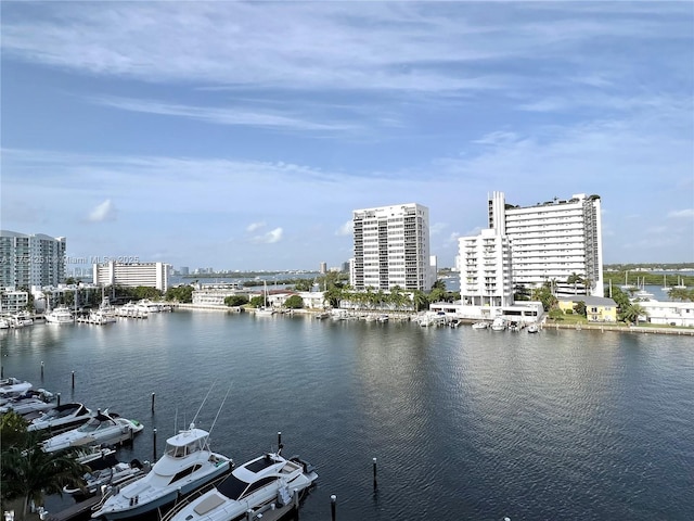 property view of water featuring a dock and a city view