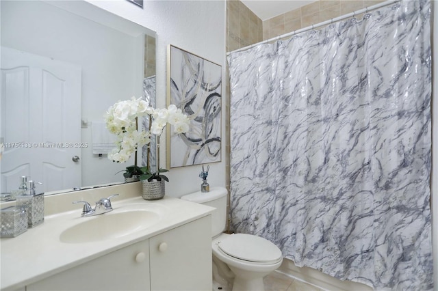 bathroom with toilet, a shower with curtain, tile patterned flooring, and vanity