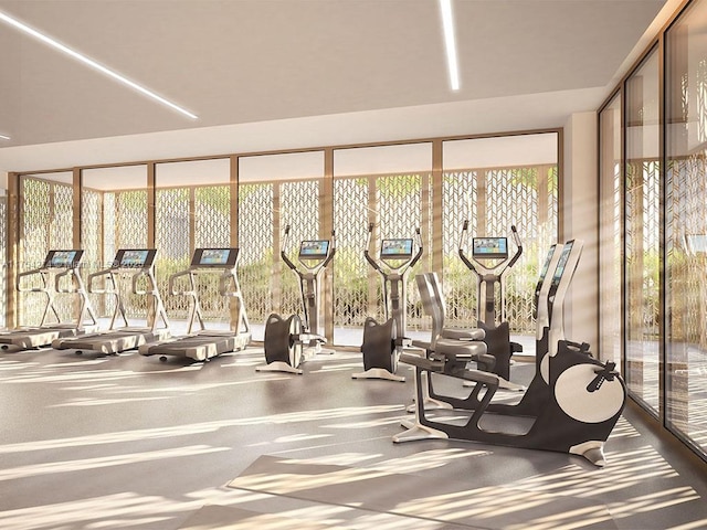 workout area featuring floor to ceiling windows